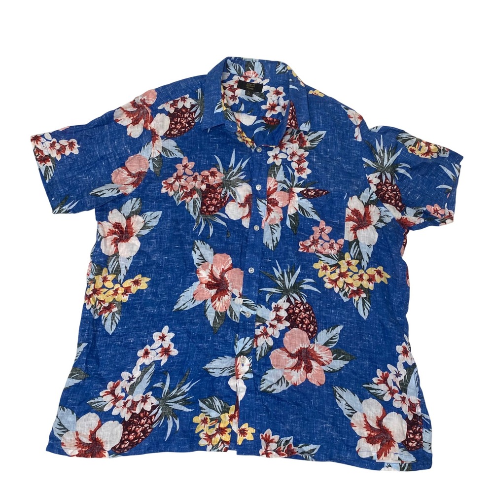Club Room Luxury 100% Linen Hawaiian Shirt XL Blue‎ Floral Pineapple Aloha